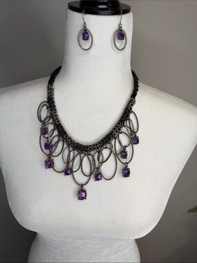 Purple Gem Statement Necklace & Earrings Set